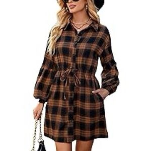 Blooming Jelly Womens Plaid Dress Flannel Puff Sleeve Dress Button Pockets Sm